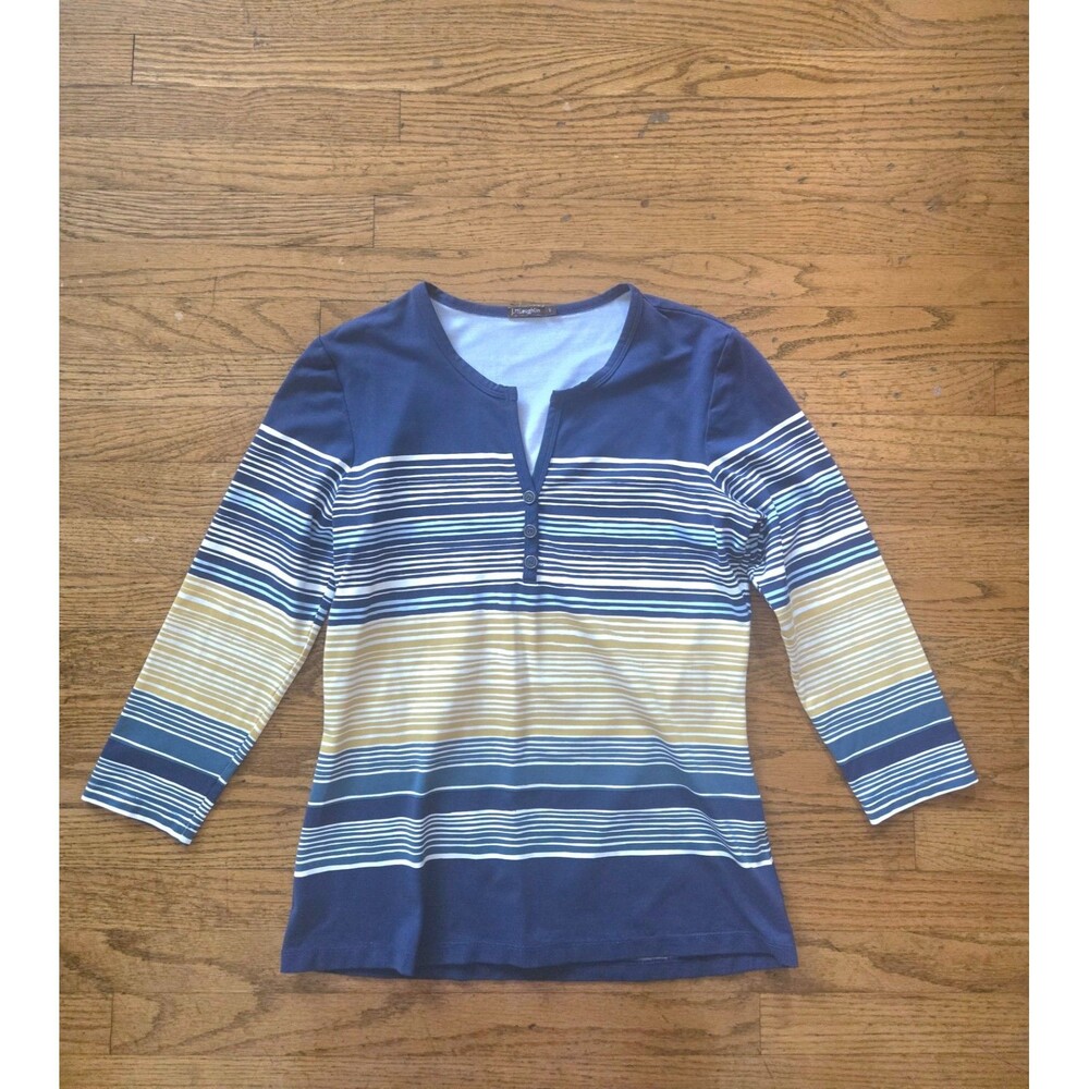 J McLaughlin Blue Striped Catalina Cloth V-Neck 3/4 Sleeve Top Size Small